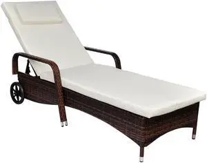 vidaXL Patio Lounge Chair Sunlounger with Cushion and Wheels Poly Rattan Brown