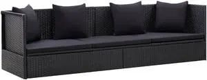 vidaXL Patio Couch Sunlounger Sunbed with Cushion and Pillow Poly Rattan Black