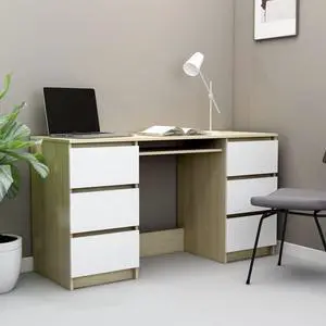 vidaXL Writing Desk White and Sonoma Oak 55.1" Engineered Wood Work Station