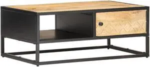 vidaXL Coffee Table End Table with Carved Door Rough Mango Wood 35.4 Inch