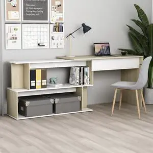 vidaXL Corner Desk Computer Desk Home Desk White and Sonoma Oak Engineered Wood