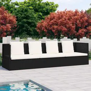 vidaXL Patio Couch Sunlounger Sunbed with Cushion & Pillows Poly Rattan Black
