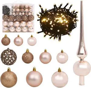 vidaXL Christmas Ball Set with Peak 120 Piece LED Tree Decoration Rose Gold