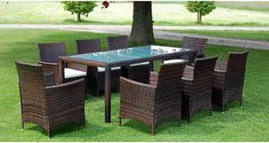 vidaXL Patio Furniture Set 9 Piece Dining Table Set Outdoor Poly Rattan Brown