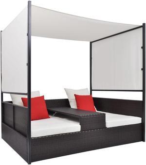 vidaXL Patio Bed Outdoor Double Chaise Lounge with Canopy Brown Poly Rattan