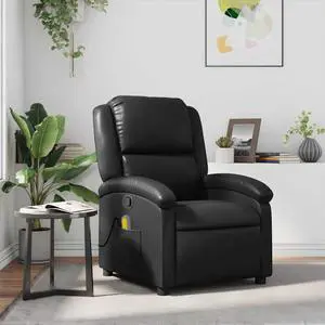 vidaXL Massage Recliner Chair for Adults, Single Theater Seating with Vibration Massage & Manually Adjustable Backrest/Footrest, Modern Reclining Sofa for Living Room, Black Leather