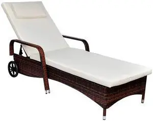 vidaXL Patio Lounge Chair Sunlounger with Cushion and Wheels Poly Rattan Brown