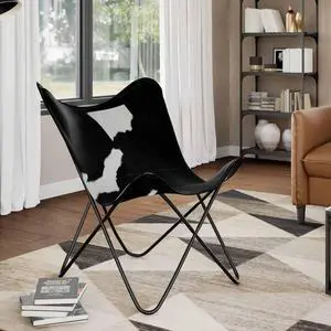 vidaXL Butterfly Chair Accent Living Room Black and White Real Cowhide Leather vidaXL Butterfly Chair Accent Living Room Black and White Real Cowhide Leather