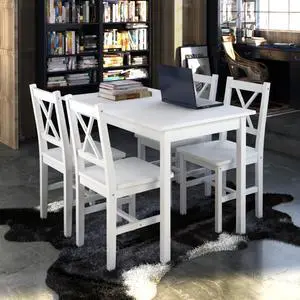 vidaXL Kitchen Dining Set White Wooden Furniture Lacquered Table and 4 Chairs vidaXL Kitchen Dining Set White Wooden Furniture Lacquered Table and 4 Chairs