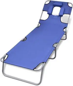 vidaXL Folding Sunlounger with Head Cushion Adjustable Backrest Blue vidaXL Folding Sunlounger with Head Cushion Adjustable Backrest Blue