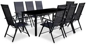 vidaXL 9 Piece Folding Outdoor Dining Set Aluminum Black Chair Recliner Table