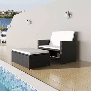 vidaXL Patio Furniture Set 2 Piece Sleeper Sofa with Cushions PE Rattan Black