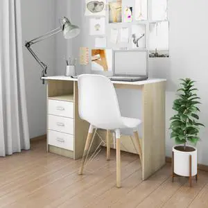 vidaXL Desk with Drawers White and Sonoma Oak Engineered Wood Office Table vidaXL Desk with Drawers White and Sonoma Oak Engineered Wood Office Table