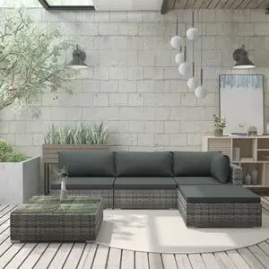 vidaXL Patio Furniture Set 5 Piece Sectional Sofa with Table Poly Rattan Gray