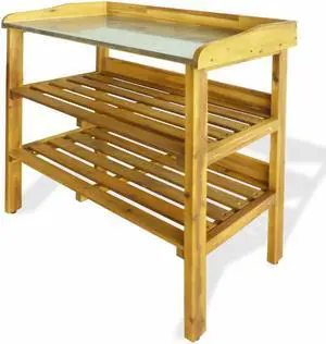 vidaXL Potting Bench with 2 Shelves Solid Acacia Wood and Zinc Planting Table