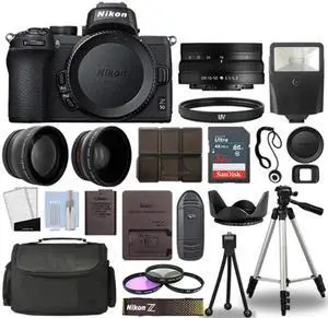 Nikon Z50 Mirrorless Camera Body + 3 Lens Kit 16-50mm Z VR + 32GB + Flash & More