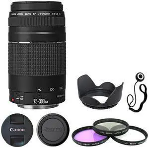 Canon EF 75-300mm f/4-5.6 III Lens + Filter Kit + Lens Hood + Cap Keeper