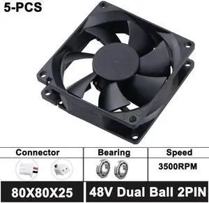 5PCS 8cm/80mm/80x80x25mm DC 48V Brushless Dual Bal Bearing PC/Computer/CPU Cooling Fan