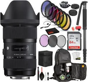 Sigma 18-35mm f/1.8 DC HSM Art Lens for Canon EF with Bundle Includes: Sandisk 64gb SD Card, 9PC Filter Kit + More
