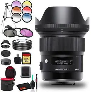 Sigma 24mm f/1.4 DG HSM Art Lens for Canon EF with Cleaning Kit, Tripod, 32GB Memory Kit, Filter Kits, and Padded Case