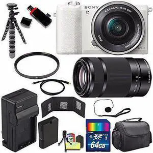 Sony Alpha a5100 Mirrorless Digital Camera with 16-50mm Lens (White) + Sony E 55-210mm f/4.5-6.3 OSS E-Mount Lens 64GB B