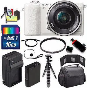 Sony Alpha a5100 Mirrorless Digital Camera with 16-50mm Lens (White) + Battery + Charger + 16GB Bundle 1 - International