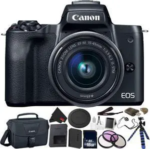 Canon EOS M50 Mirrorless Digital Camera with 15-45mm Lens Bundle with 16GB Memory Card + Tripod + Canon Carrying Bag + More - Intl Model