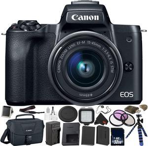 Canon EOS M50 Mirrorless Digital Camera with 15-45mm Lens Bundle with 32GB Memory Card + Tripod + Spare Battery + LED Light + More - Intl Model
