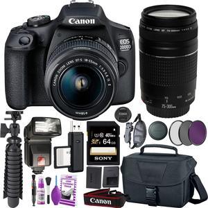 Canon EOS 2000D (Rebel t7) DSLR Camera and EF-S 18-55 mm f/3.5-5.6 IS II Lens + 75-300mm Telephoto Zoom Lens + 64GB Memory Card + Camera Bag + Cleaning Kit + Table Tripod + Flash