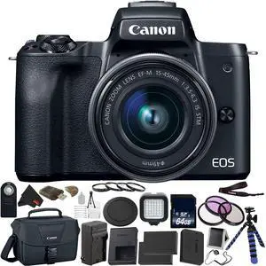 Canon EOS M50 Mirrorless Digital Camera with 15-45mm Lens Bundle with 64GB Memory Card + Tripod + 2x Spare Battery + LED Light + More - Intl Model