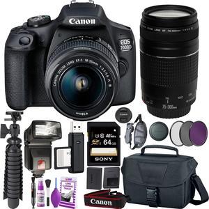 Canon EOS 2000D (Rebel t7) DSLR Camera and EF-S 18-55 mm f/3.5-5.6 IS III Lens + 75-300mm Telephoto Zoom Lens + 64GB Memory Card + Camera Bag + Cleaning Kit + Table Tripod + Flash + Filters