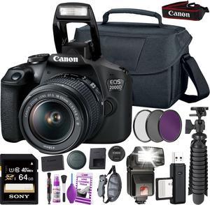 Canon EOS 2000D (Rebel t7) DSLR Camera and EF-S 18-55 mm f/3.5-5.6 IS III Lens + 64GB Memory Card + Camera Bag + Cleaning Kit + Table Tripod + Flash + Filters + Battery + Camera Strap