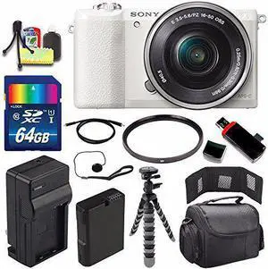 Sony Alpha a5100 Mirrorless Digital Camera with 16-50mm Lens (White) + Battery + Charger + 64GB Bundle 3 - International