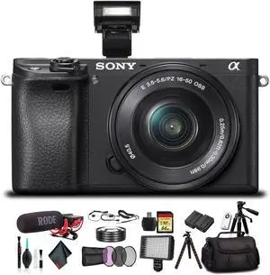 Sony Alpha a6300 Mirrorless Camera with 16-50mm Lens Black ILCE6300L/B With Soft Bag, Tripod, Additional Battery, Rode Mic, LED Light, 64GB Memory Card, Card Reader , Plus Essential Accessories