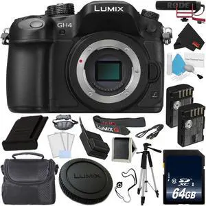 Panasonic DMC-GH4 Digital Camera + 64GB Memory Card + DMW-BLF19 Lithium Ion Battery + Rode VideoMic with Rycote Lyre Sus