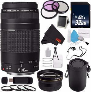 Canon EF 75-300mm f/4-5.6 III Telephoto Zoom Lens 6473A003 + 58mm 3 Piece Filter Kit + SD Card USB Reader + 32GB SDHC Class 10 Memory Card + Deluxe Lens Pouch + 58mm 2x Telephoto Lens Bundle