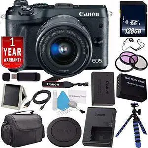 Canon EOS M6 Mirrorless Digital Camera with 15-45mm Lens (Black) 1724C011 (International Model) + LP-E17 Replacement Lithium Ion Battery + 128GB SDXC Class 10 Memory Card Bundle