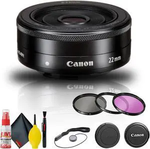 Canon EF-M 22mm f/2 STM Lens (5985B002) + Filter Kit + Cap Keeper Base Bundle