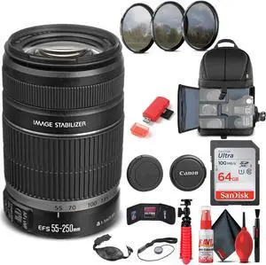 Canon EF-S 55-250mm f/4-5.6 IS II Lens (5123B006) + Filter Kit + BackPack + More