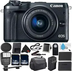 Canon EOS M6 Mirrorless Digital Camera with 15-45mm f/3.5-6.3 IS STM Lens Kit- Bundle with 32GB Memory Cards + Remote+  Extra Battery - Intl Model with 2 Year Seller Warranty