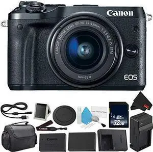 Canon EOS M6 Mirrorless Digital Camera with 15-45mm f/3.5-6.3 IS STM Lens Kit- Bundle with 32GB Memory Card + Extra Battery - Intl Model