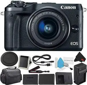 Canon EOS M6 Mirrorless Digital Camera with 15-45mm f/3.5-6.3 IS STM Lens Kit- Bundle with Carrying Case + Extra Battery - Intl Model