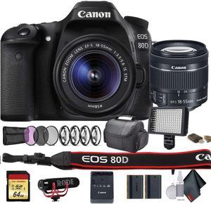 Canon EOS 80D DSLR Camera with 18-55mm Lens (International Model) (1263C005) W/Bag, Extra Battery, LED Light, Mic, Filte