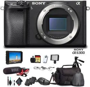Sony Alpha a6300 Mirrorless Camera Black ILCE6300/B With Soft Bag, Tripod, 2x Extra Batteries, Rode Mic, LED Light, External HD Monitor, 2x 64GB Cards, Card Reader , Plus Essential Accessories