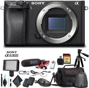 Sony Alpha a6300 Mirrorless Camera Black ILCE6300/B With Soft Bag, Tripod, Additional Battery, Rode Mic, LED Light, 64GB Memory Card, Sling Soft Bag, Card Reader , Plus Essential Accessories