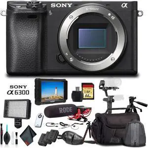 Sony Alpha a6300 Mirrorless Camera Black ILCE6300/B With Soft Bag, Zhiyun-Tech WEEBILL Stabilizer, Tripod, 2x Extra Batteries, Rode Mic, LED Light, 2x 64GB Cards, External 4K Monitor