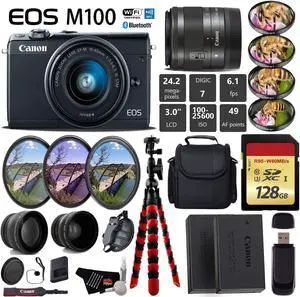 Canon EOS M100 Mirrorless Digital Camera (Black) with 15-45mm Lens + UV FLD CPL Filter Kit + 4 PC Macro Kit + Wide Angle