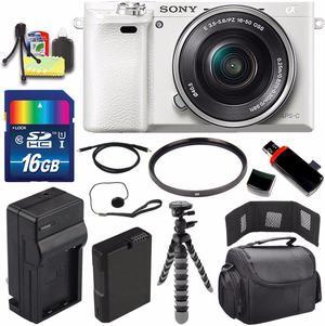 Sony Alpha a6000 Mirrorless Digital Camera with 16-50mm Lens (White) + Battery + Charger + 16GB Bundle 1 - International
