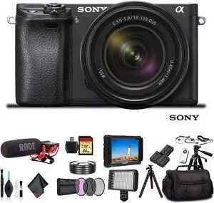 Sony Alpha a6500 Mirrorless Camera with 18-135mm Lens ILCE-6500M/B With Bag, 2x Extra Batteries, Rode Mic, LED Light, HD Monitor, 2x 64GB Memory Card, Sling Bag, Plus Essential Accessories