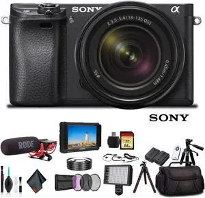 Sony Alpha a6500 Mirrorless Camera with 18-135mm Lens ILCE-6500M/B With Soft Bag, Additional Battery, Rode Mic, LED Light, 64GB Memory Card, Sling Soft Bag, Card Reader , Plus Essential Accessories